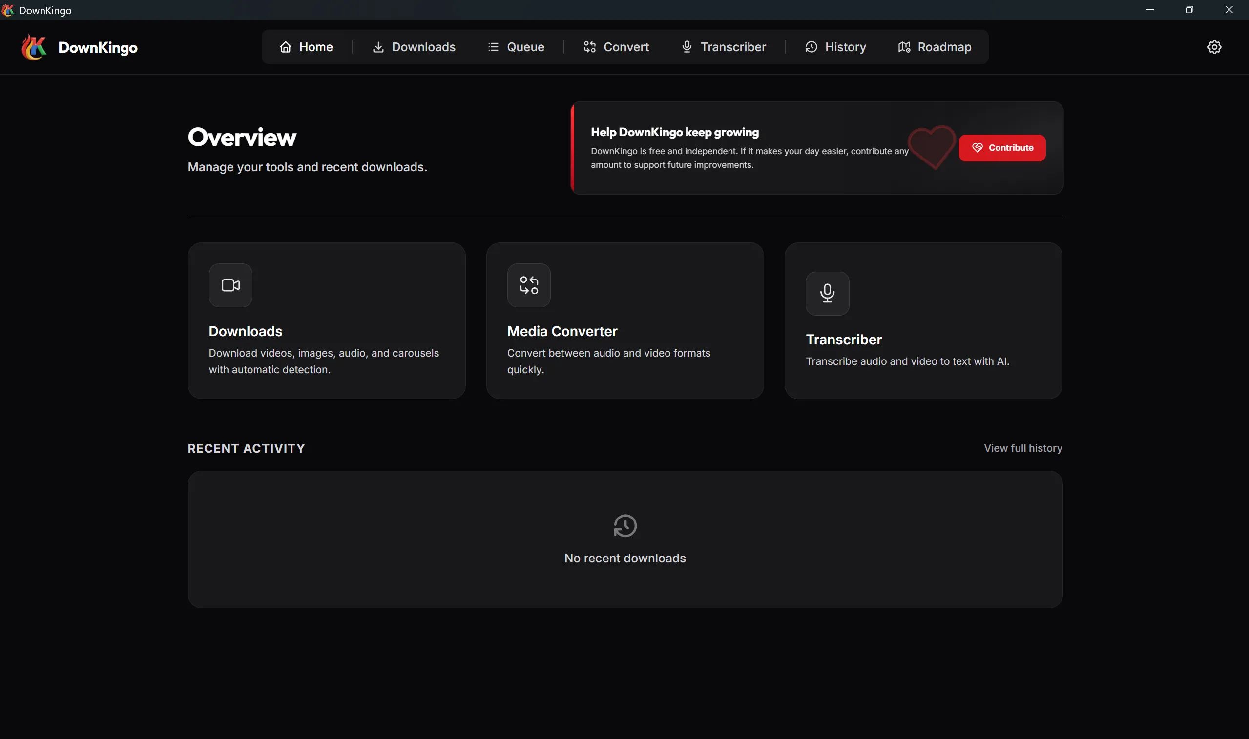 DownKingo app overview with Downloads, Media Converter, and Transcriber tools