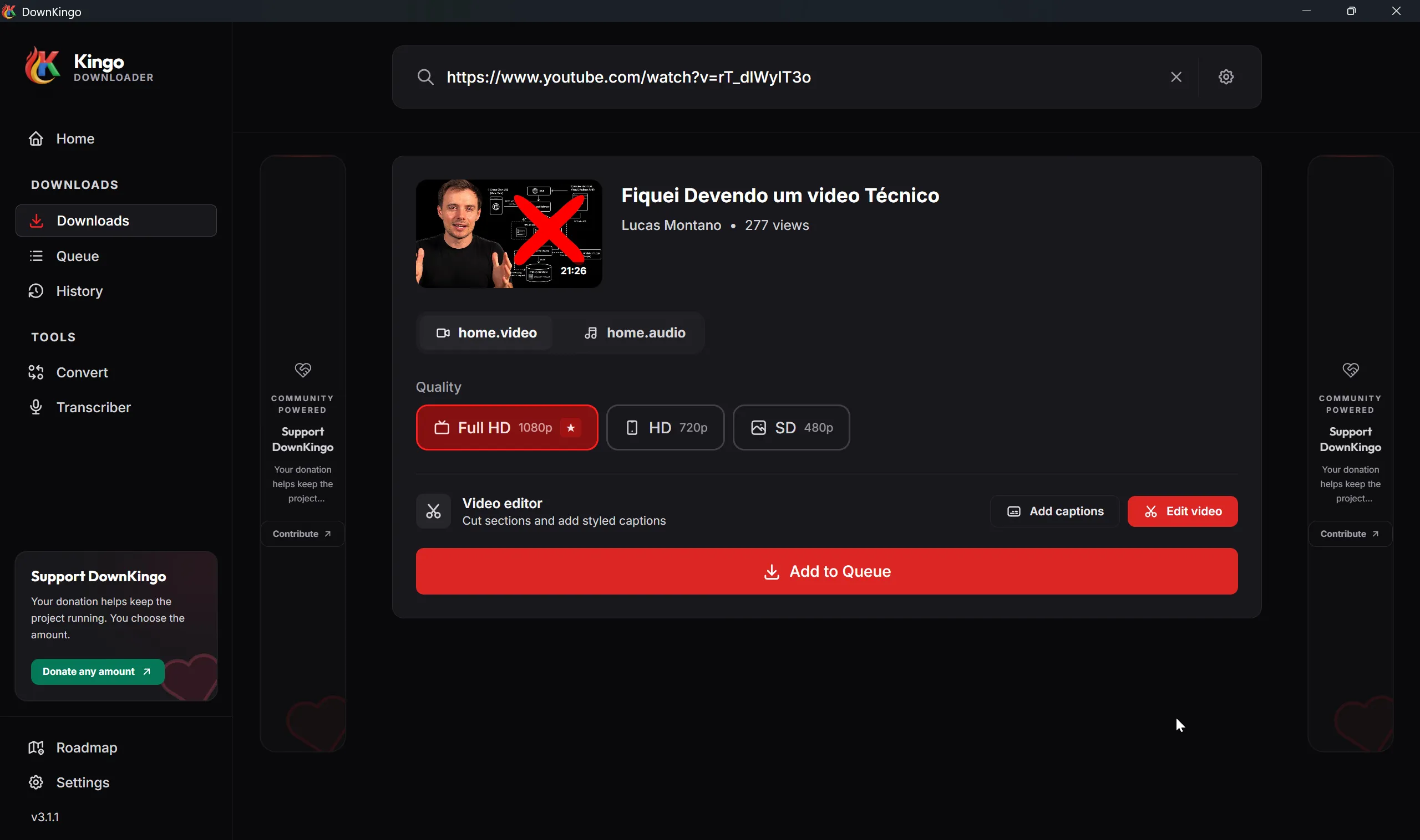 DownKingo v3.1.2 download screen with video, audio, quality, caption, and editor controls
