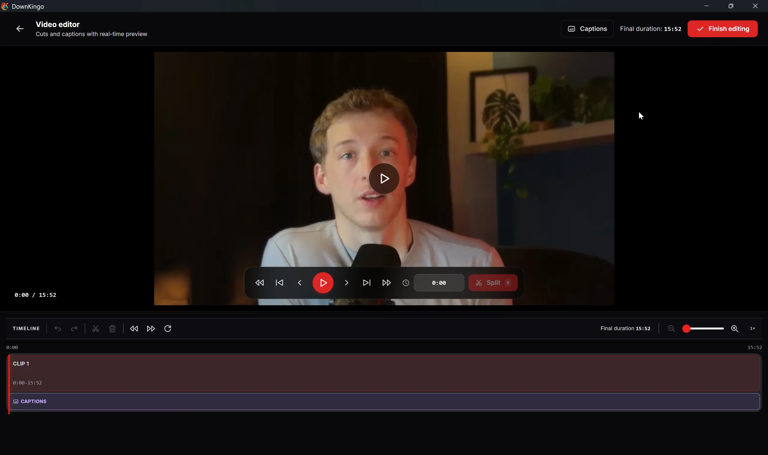 DownKingo v3.1.2 video editor with timeline and caption controls