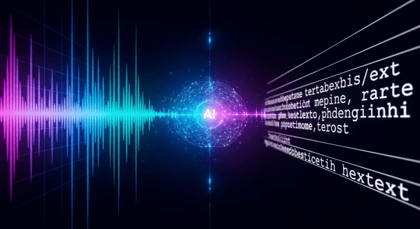 Sound waves being converted to text by artificial intelligence with blue and purple gradient