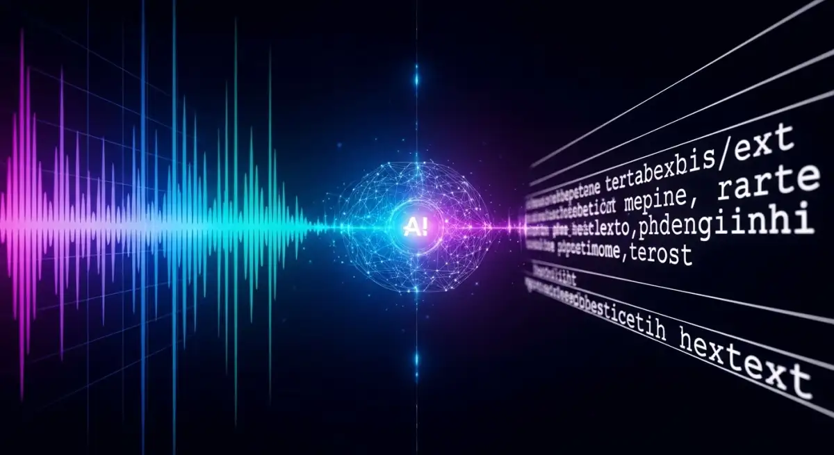 Sound waves being converted to text by artificial intelligence with blue and purple gradient