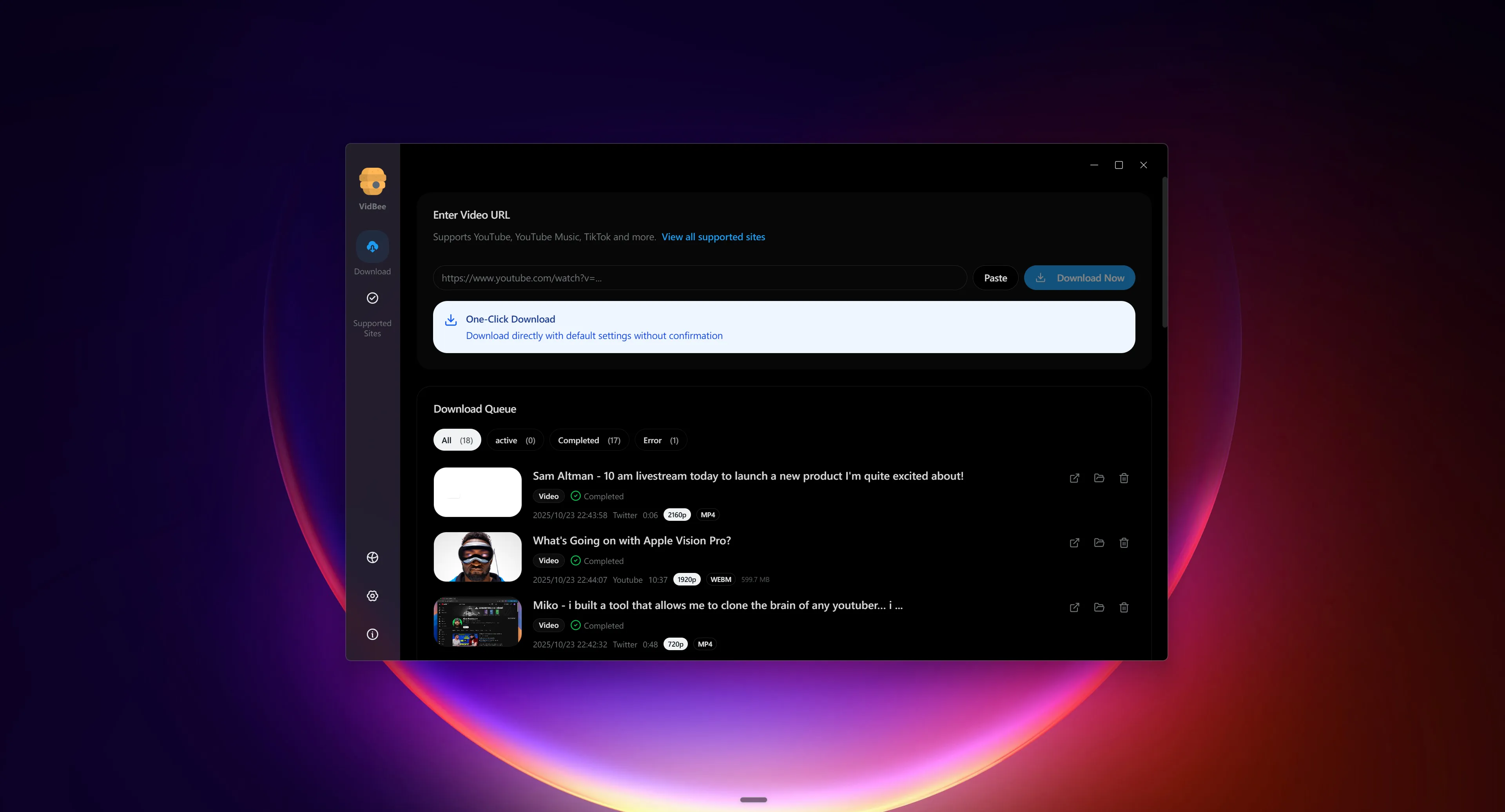 VidBee desktop app main interface