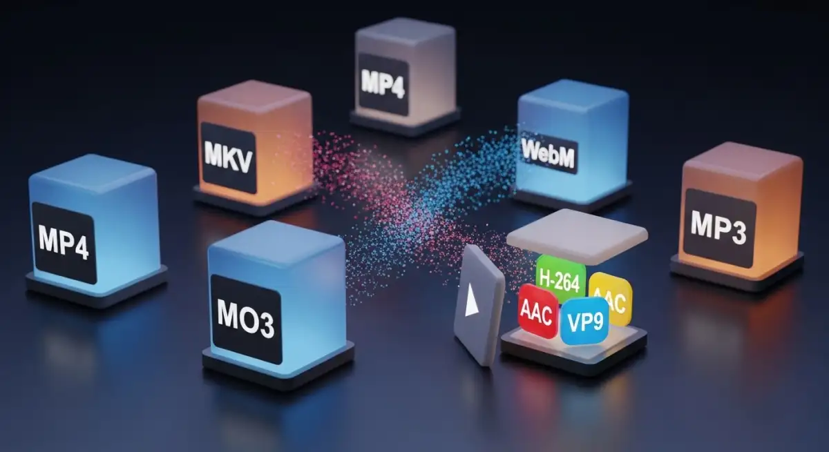 3D cubes representing video formats MP4 MKV WebM with codecs H264 VP9 and AAC