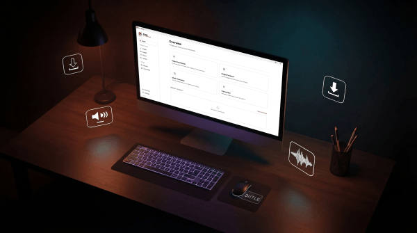 Modern desktop displaying DownKingo interface with floating icons