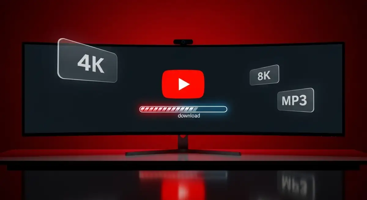 Ultrawide monitor displaying YouTube icon with 4K 8K MP3 badges and download progress bar